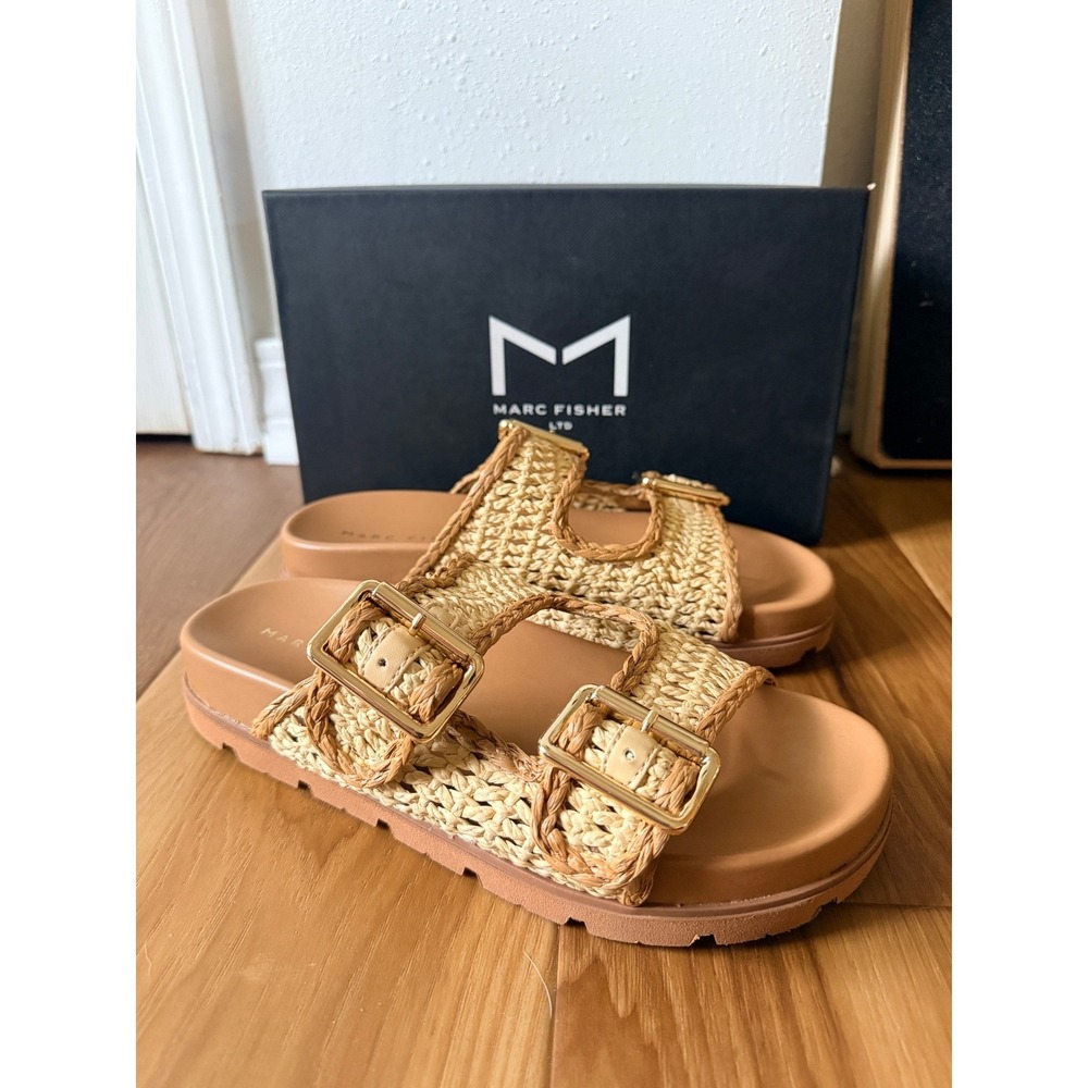 Marc Fisher LTD Mylan Raffia Double Strap Buckle Slide Sandals Natural Tan 9.5 M